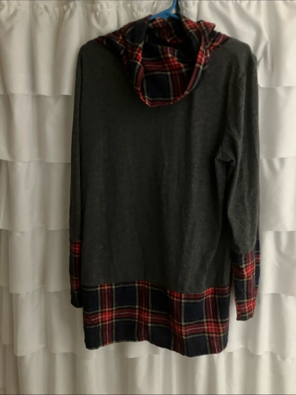 Gray Hoodie with Red & Navy Plaid Trim
